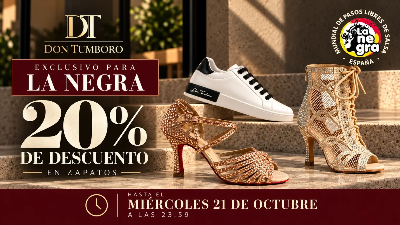 Zapatos de baile Don Tumboro: zapatilla blanca, sandalia de tacón y botín, con el sello del Mundial de Pasos Libres